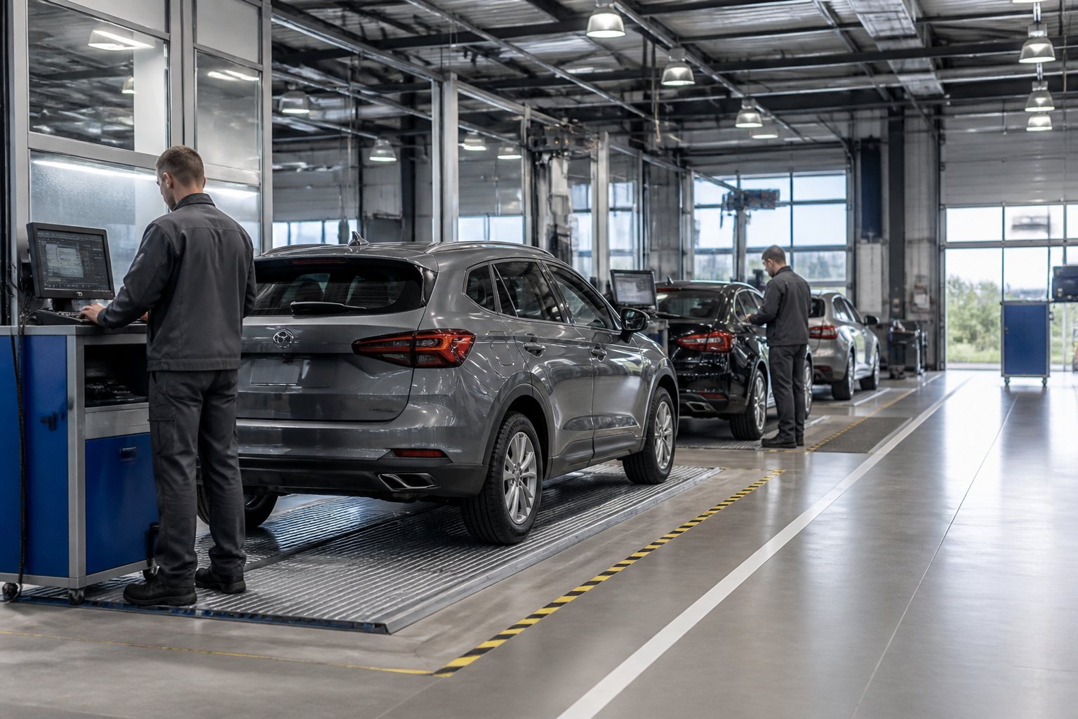 Centre de contrôle technique avec véhicules alignés