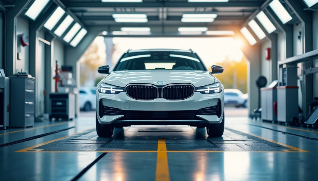 Centre de contrôle technique automobile avec véhicule en inspection