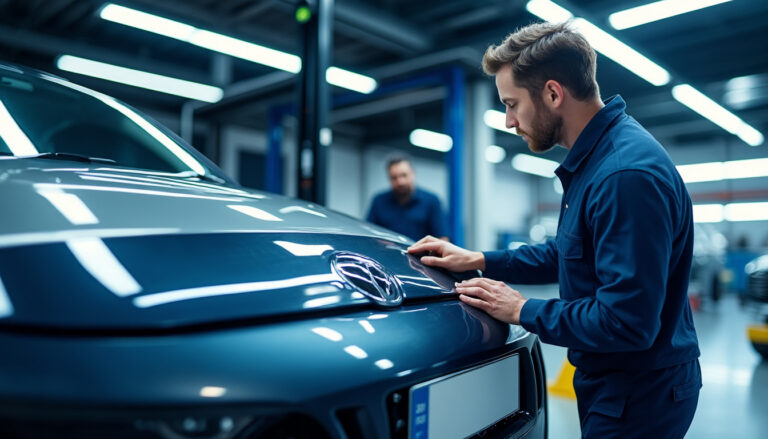 Atelier automobile avec technicien réalisant un contrôle technique