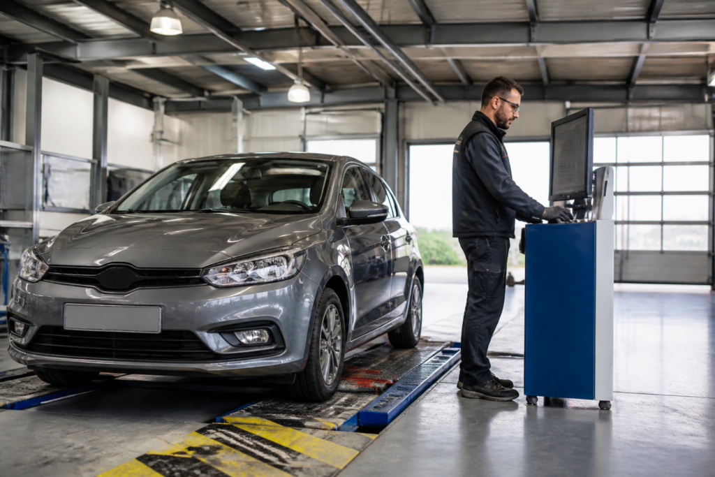 Centre de contrôle technique automobile en France avec un technicien et un véhicule