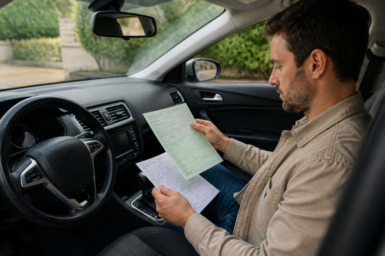 Conducteur tenant un procès-verbal de contrôle technique pour la vente d'une voiture