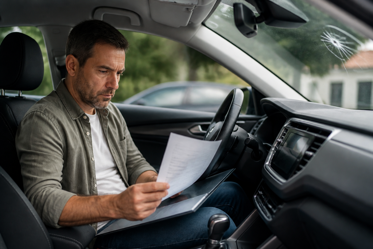 Conducteur préparant un dossier de réparation de pare-brise