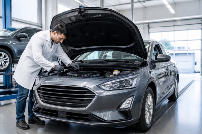 Véhicule en cours de contrôle technique dans un atelier automobile