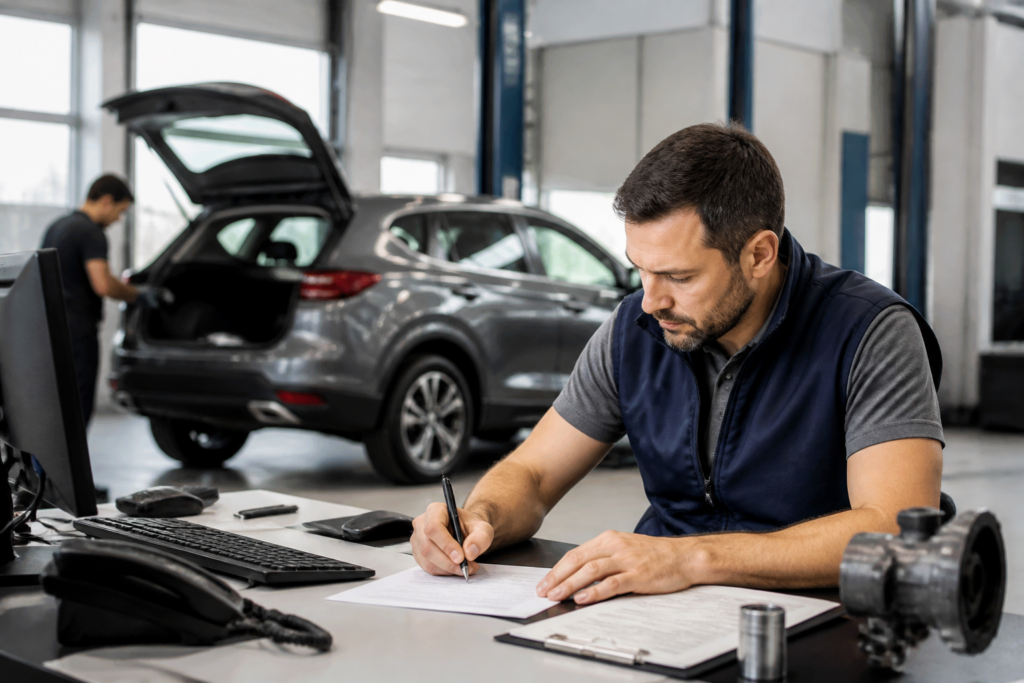 Personne rédigeant une lettre de résiliation d'assurance auto dans un atelier automobile