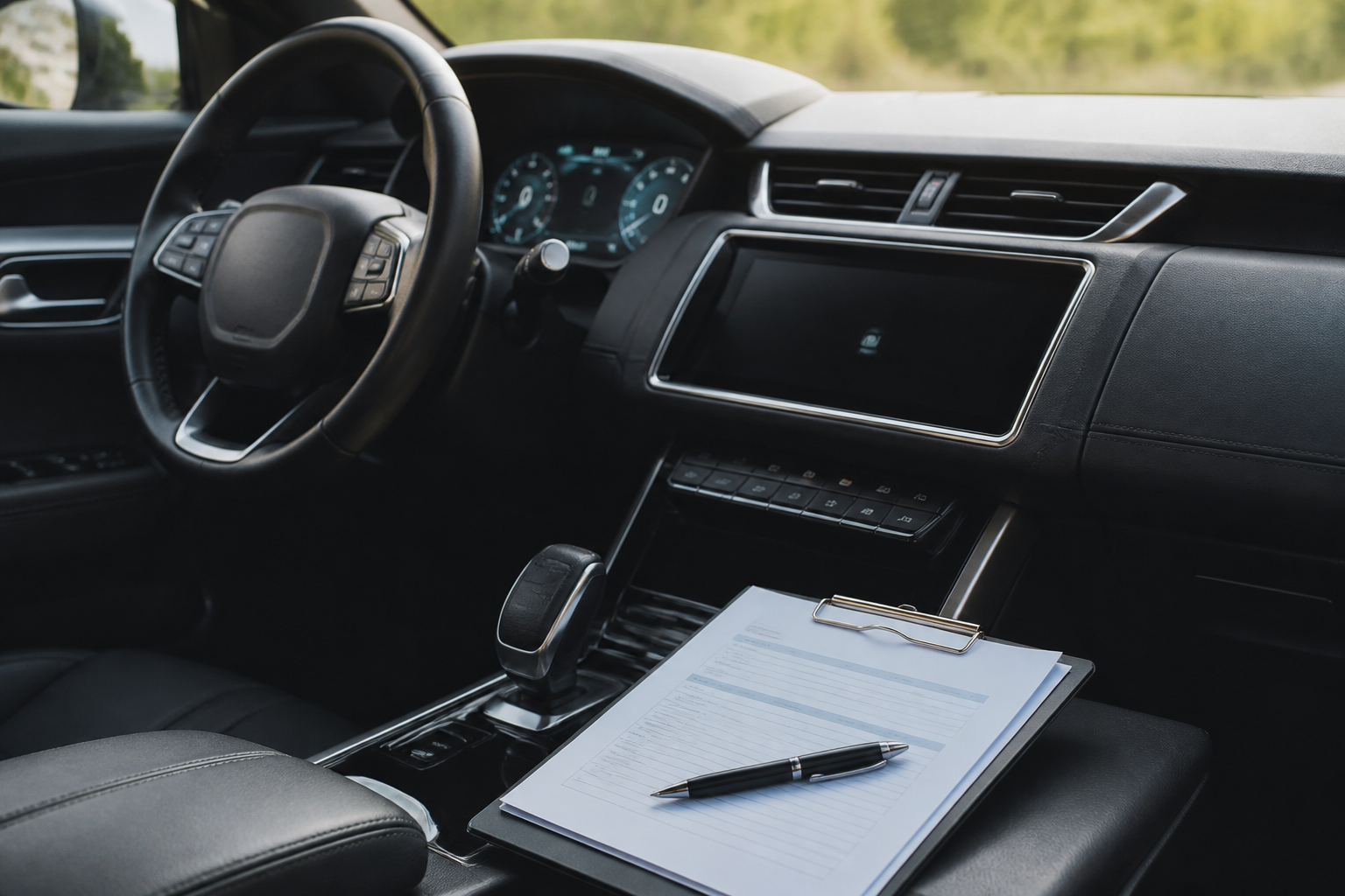 Tableau de bord d'une voiture avec un contrat d'assurance auto