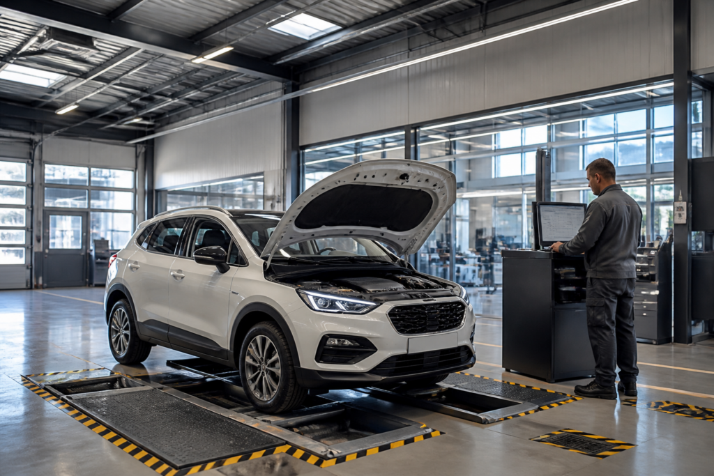Centre de contrôle technique moderne avec une voiture neuve en inspection