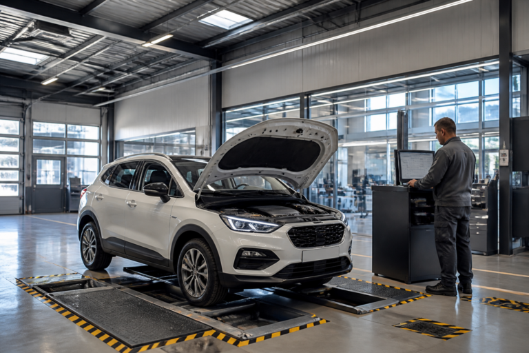 Centre de contrôle technique moderne avec une voiture neuve en inspection