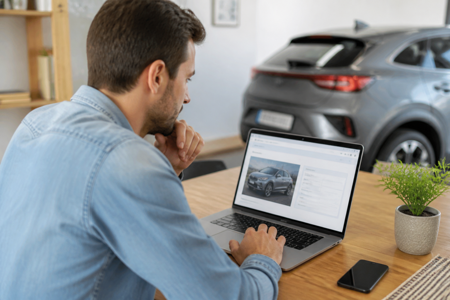 Automobiliste consultant un devis malus écologique pour voiture d'occasion