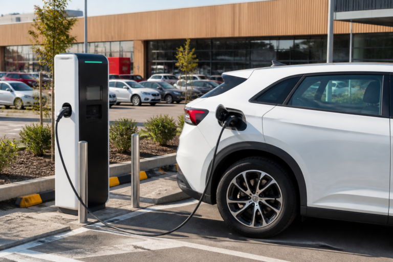Borne de recharge électrique gratuite sur parking de supermarché