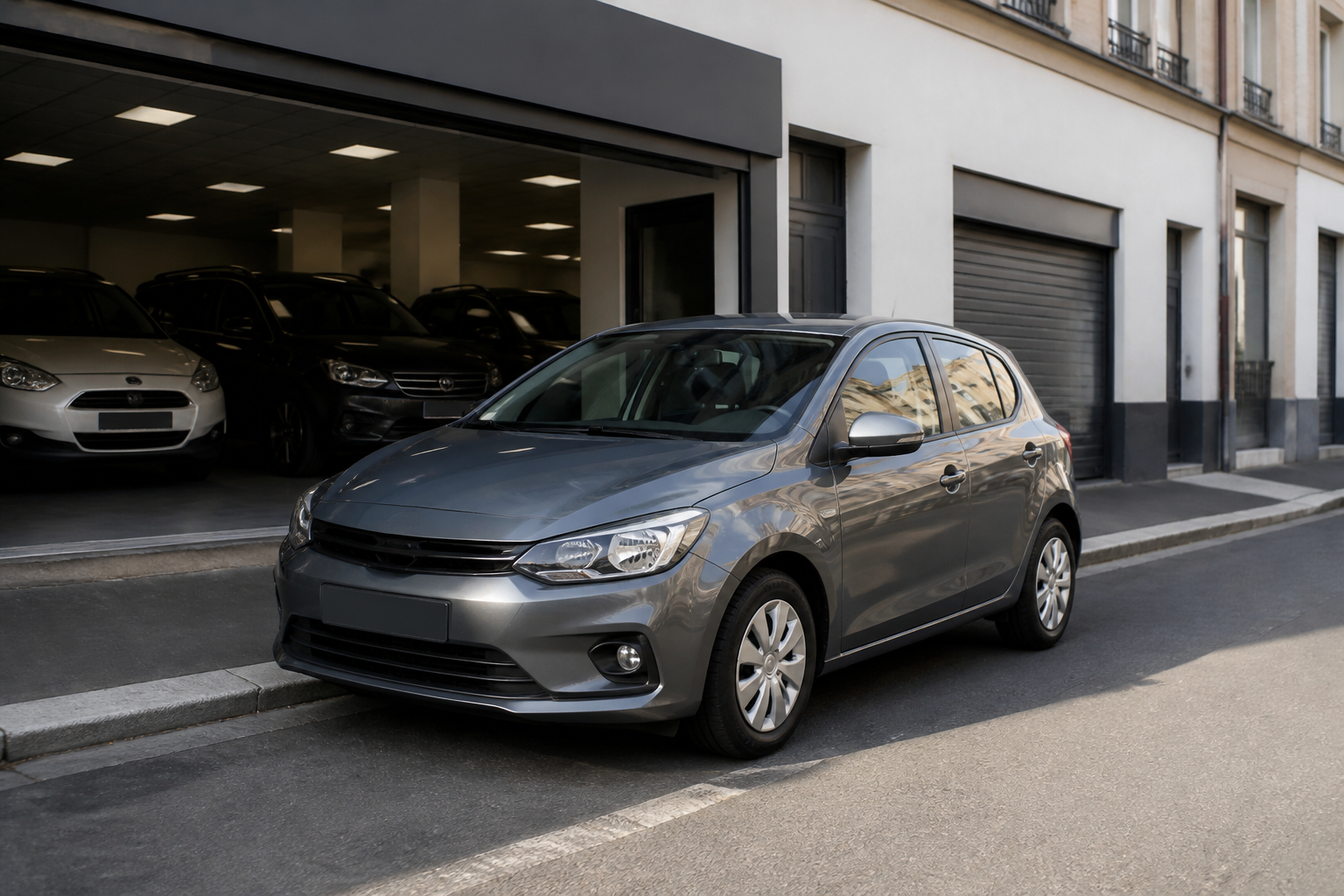 Voiture d'occasion compacte devant un garage automobile en ville