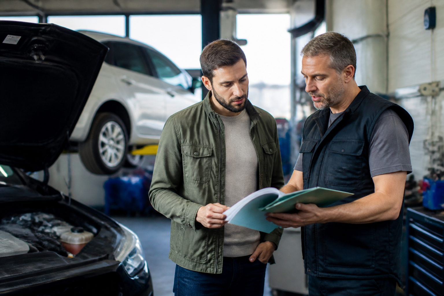 Conducteur et professionnel examinant un dossier de contrôle technique dans un garage