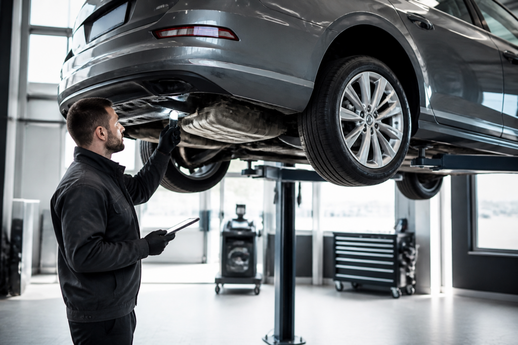 Technicien réalisant un contrôle technique sur une voiture dans un atelier lumineux