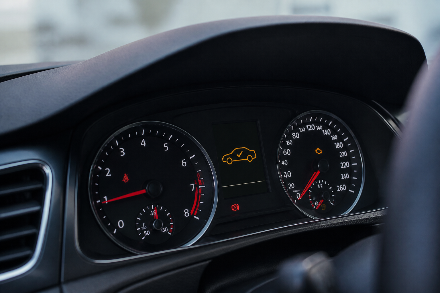 Tableau de bord d'une voiture avec témoin de contrôle technique allumé