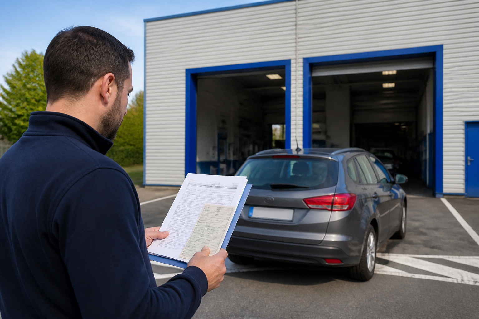 Conducteur préparant ses documents avant un contrôle technique