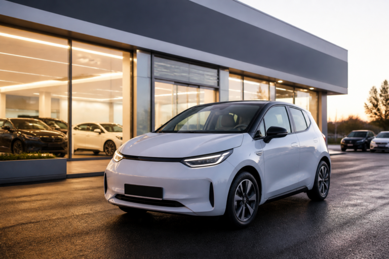 Voiture électrique compacte en location devant un centre de leasing