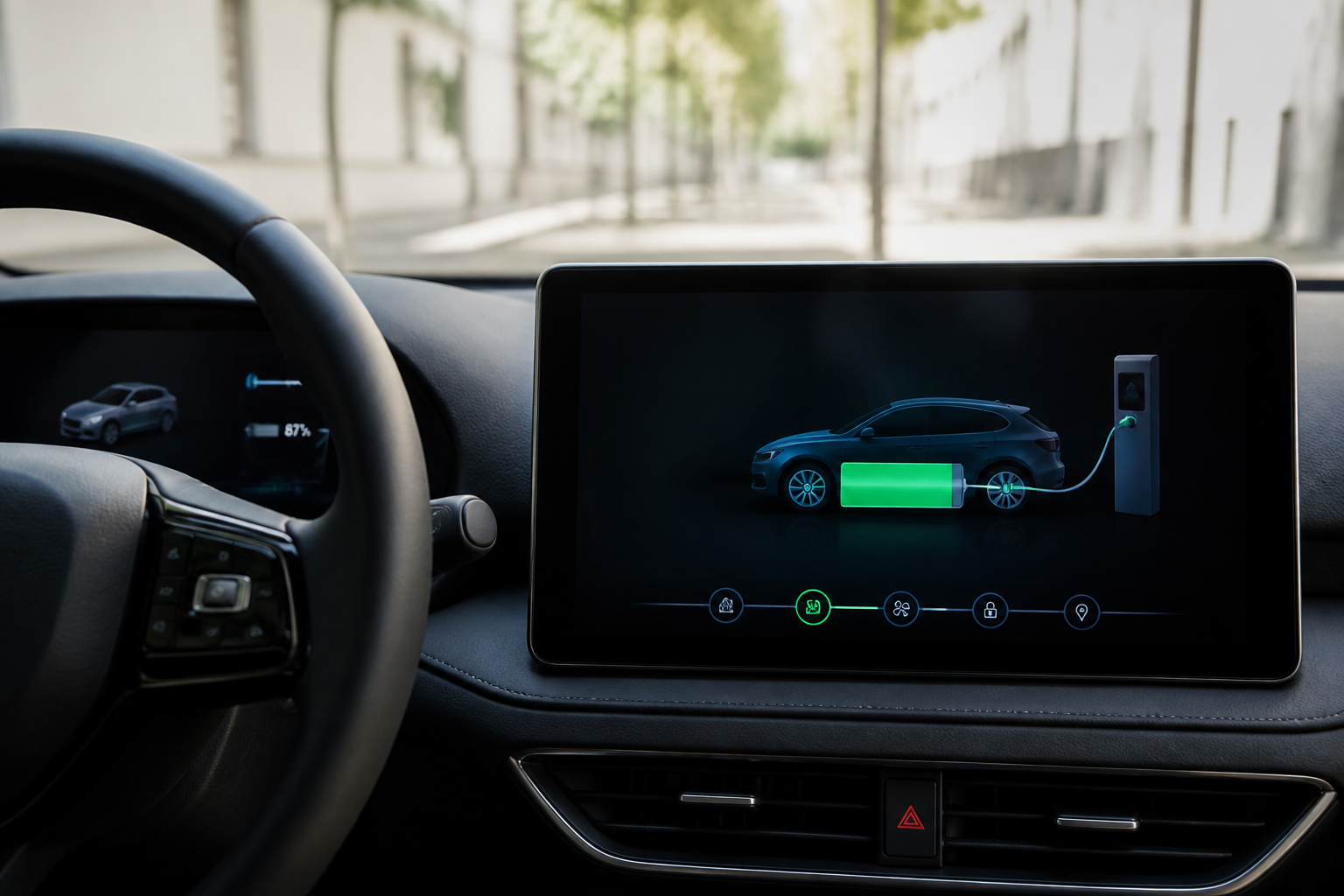 Tableau de bord d'une voiture électrique affichant l'autonomie