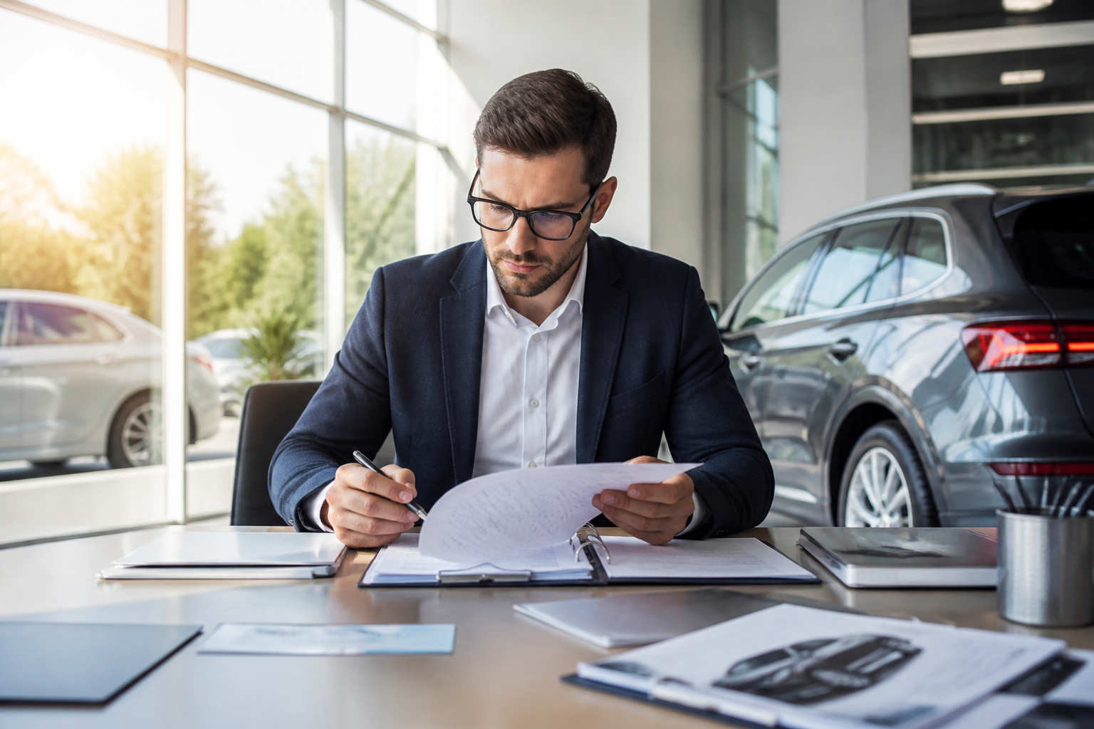 Conducteur préparant un dossier de leasing automobile