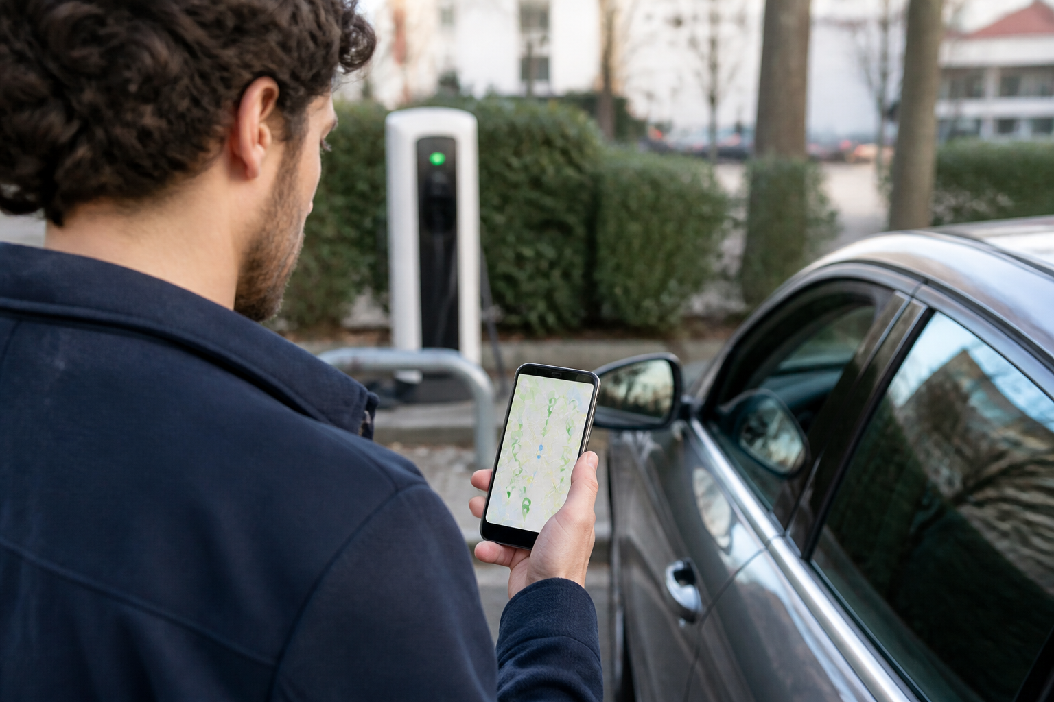 Conducteur utilisant une application pour trouver une borne gratuite