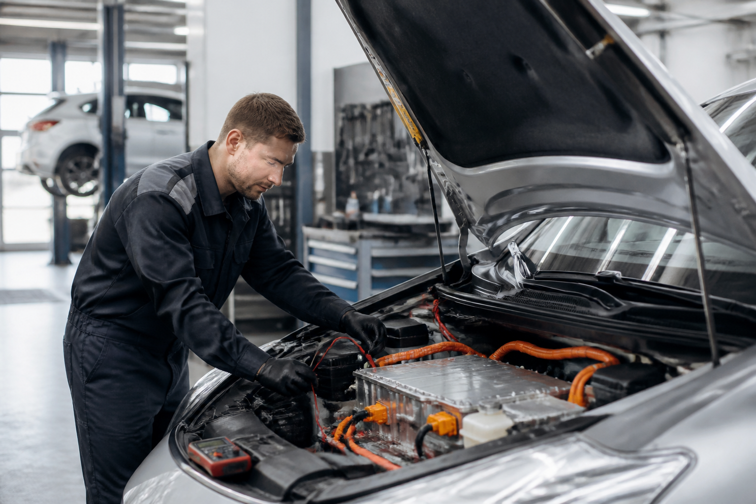 Technicien vérifiant une batterie de voiture hybride en atelier