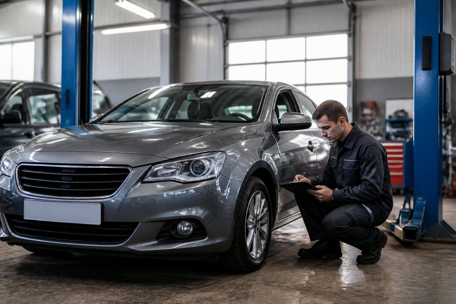 Inspection d'une voiture d'occasion en atelier