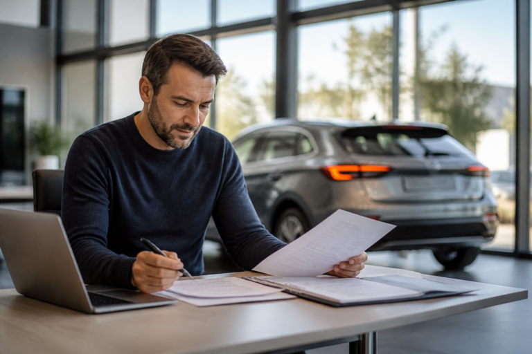 Conducteur préparant un dossier de financement automobile