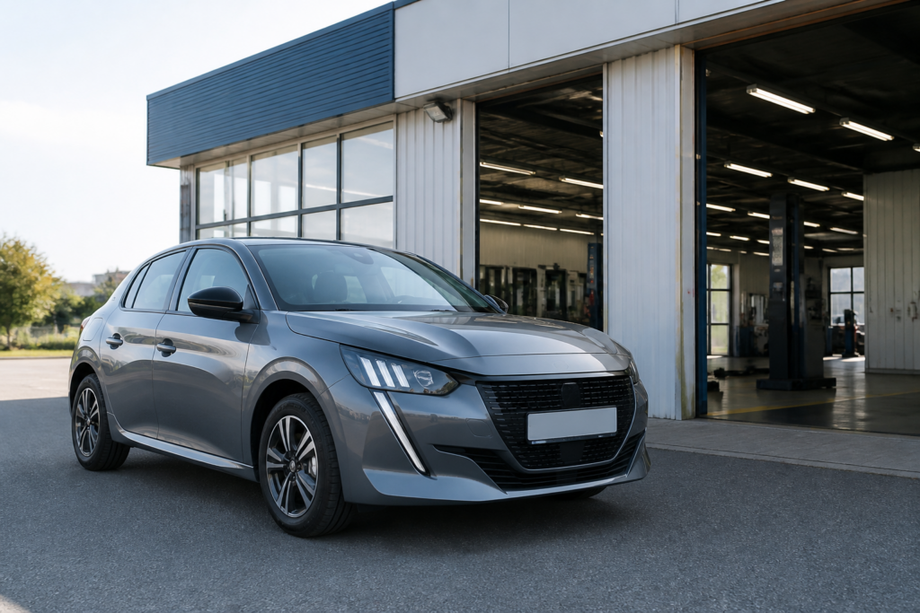 Peugeot 208 hybride devant un centre de contrôle technique