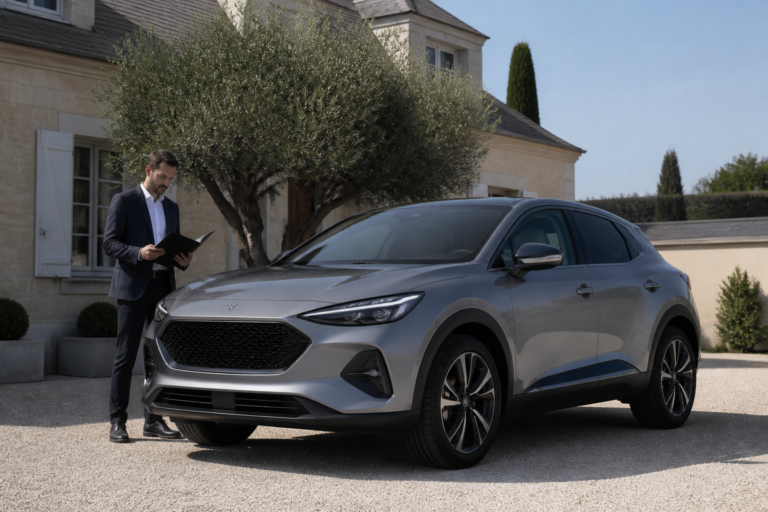 Voiture hybride moderne garée devant une maison