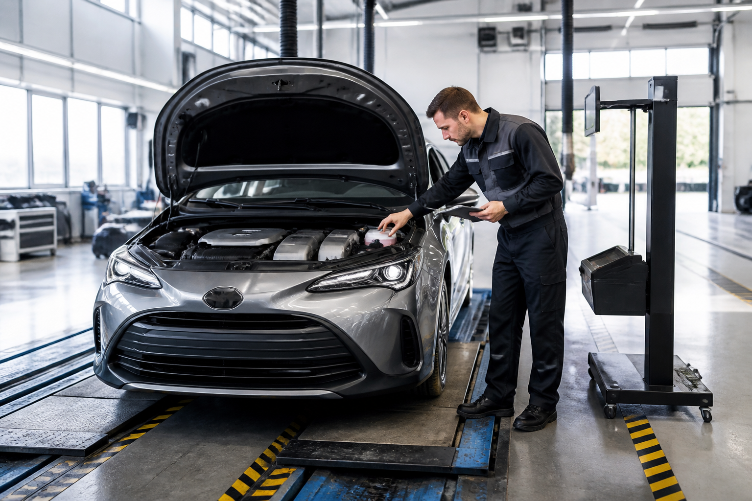 Contrôle technique d'une voiture hybride en atelier