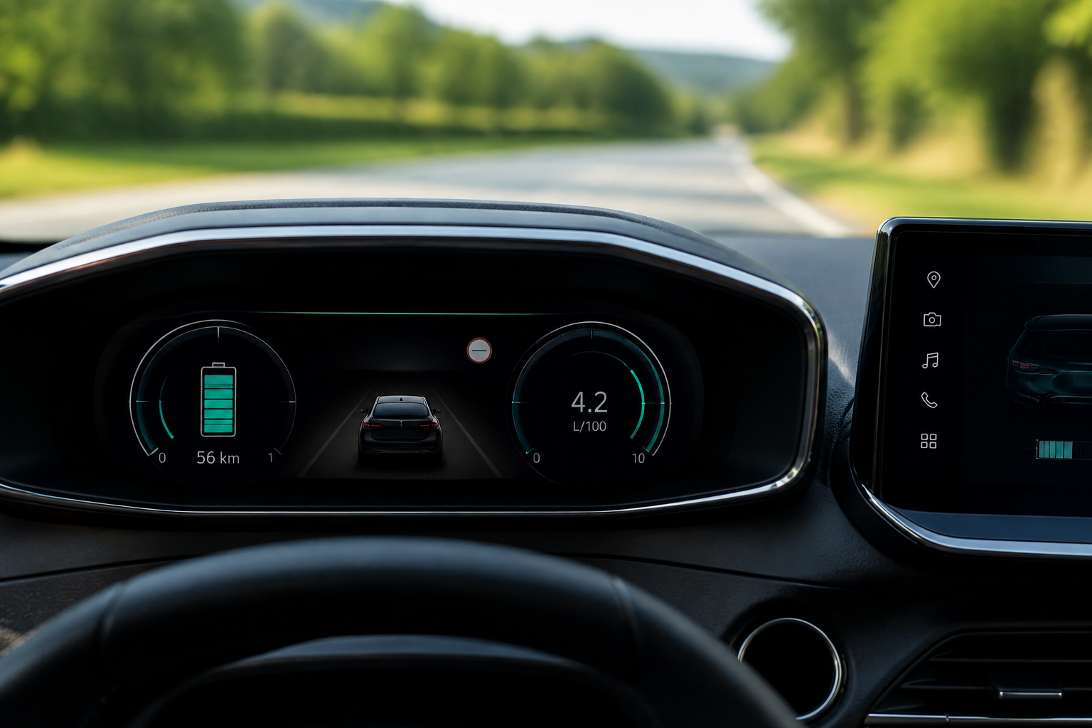Tableau de bord voiture hybride affichant autonomie électrique