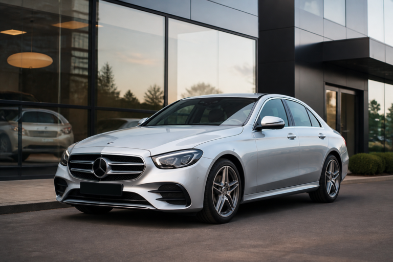Mercedes neuve devant centre de leasing automobile