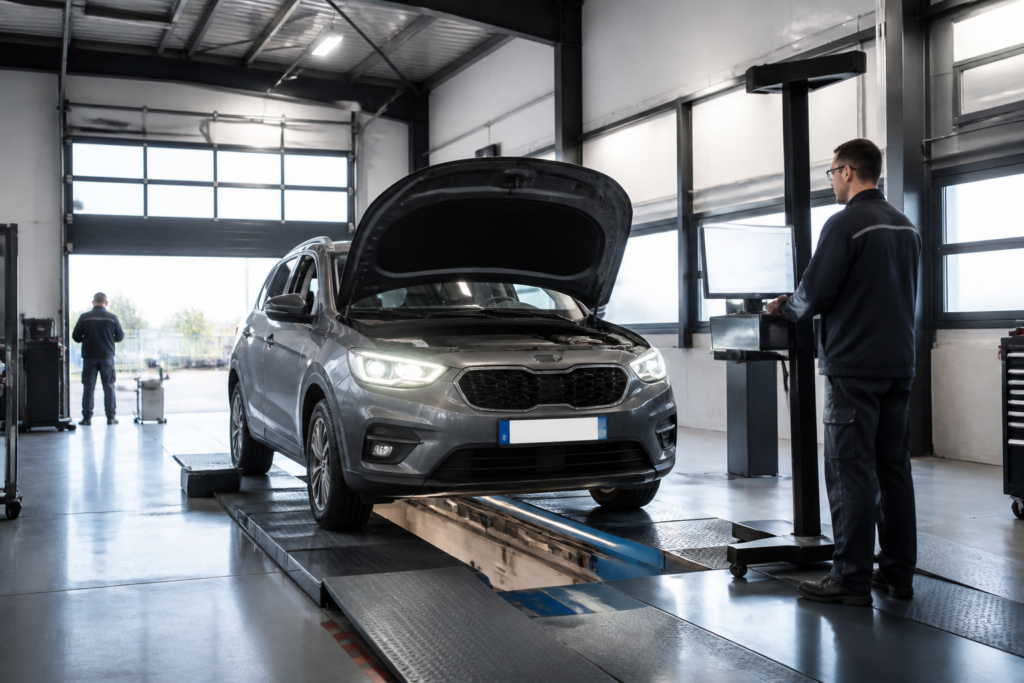 Centre de contrôle technique automobile avec une voiture d'occasion en inspection