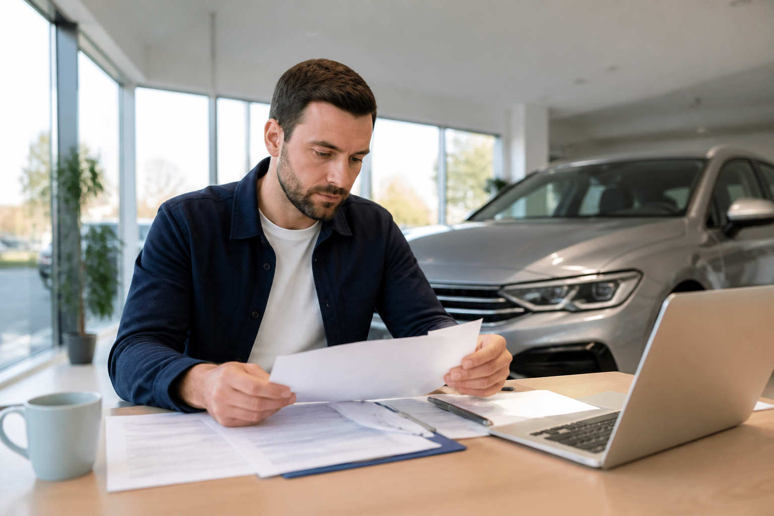 Conducteur préparant dossiers pour achat voiture d'occasion