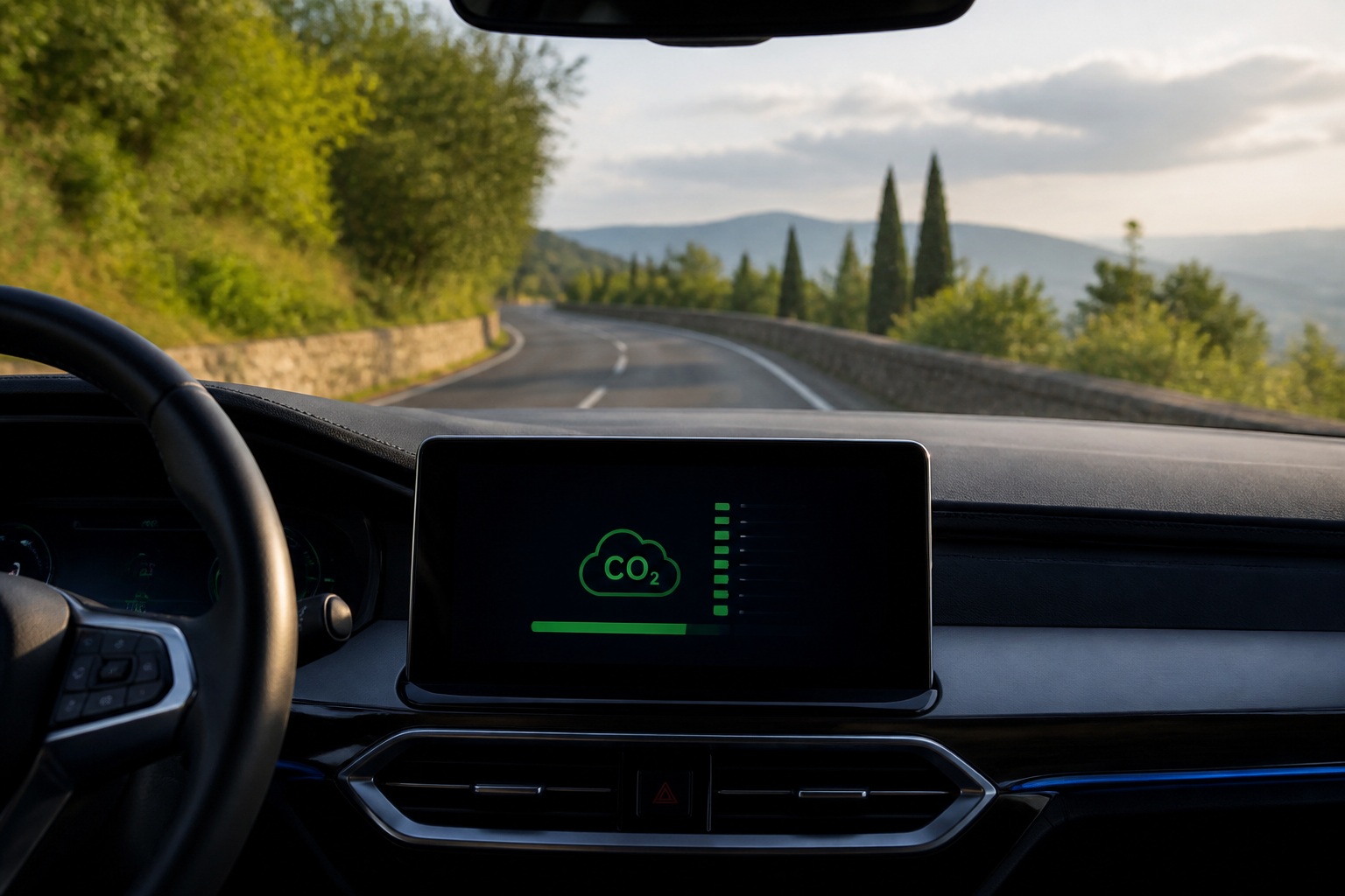 Tableau de bord affichant les émissions de CO2 d'une voiture