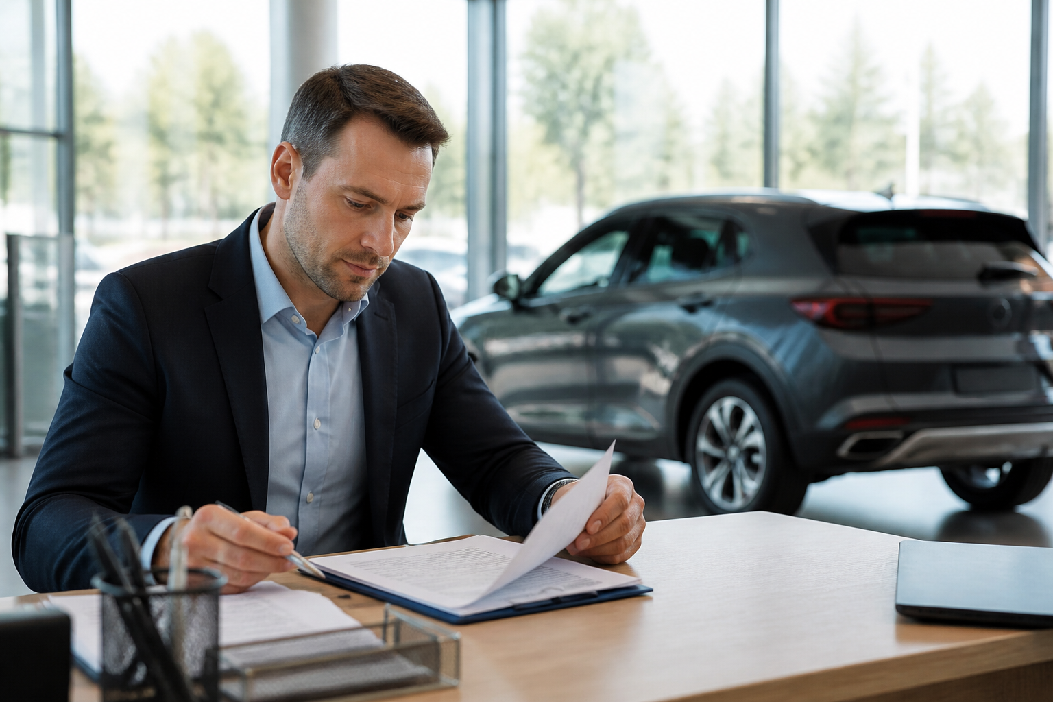Conducteur examinant un contrat de leasing auto