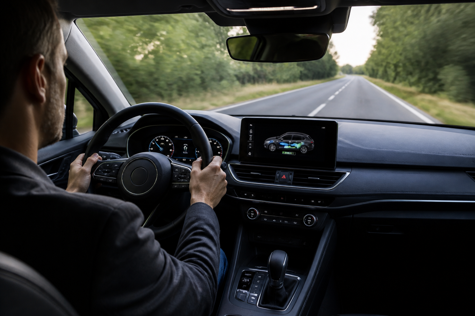 Intérieur moderne d'une voiture hybride non rechargeable