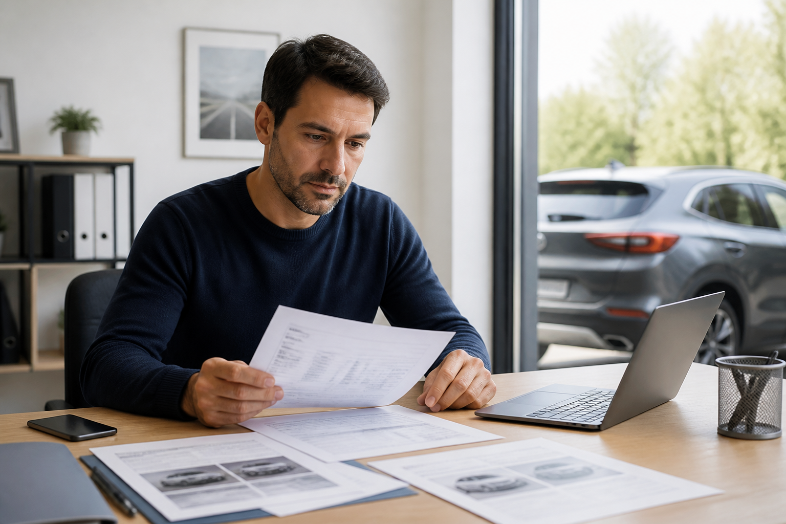 Automobiliste français préparant son dossier pour l'achat d'une voiture d'occasion