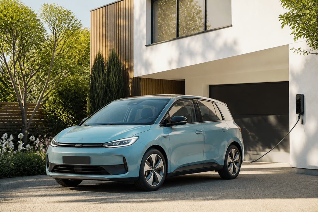 Voiture électrique compacte en location devant une maison