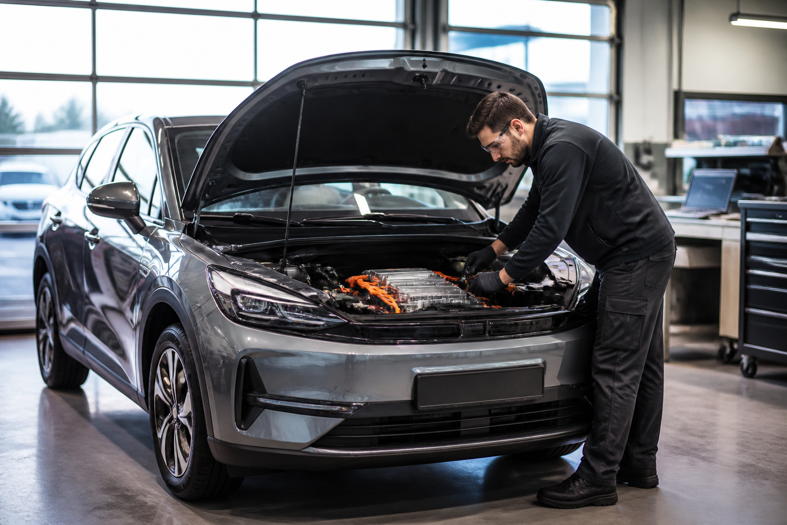 Technicien en atelier effectuant la maintenance d'une voiture électrique