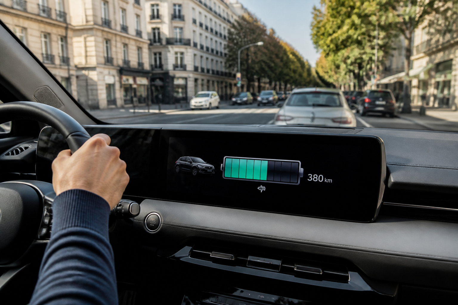 Tableau de bord d'une voiture électrique avec autonomie affichée