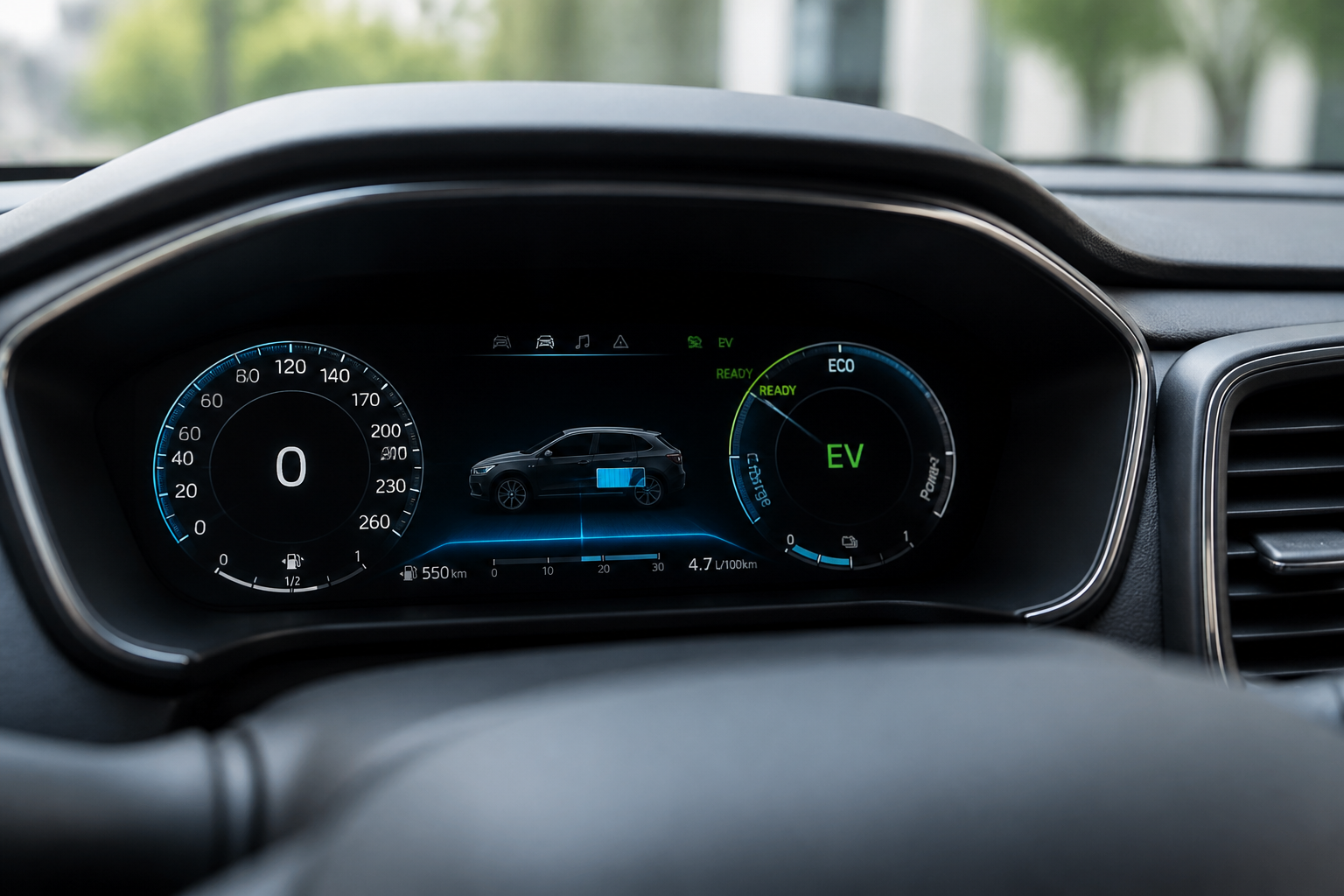 Tableau de bord d'une voiture hybride avec indicateur consommation