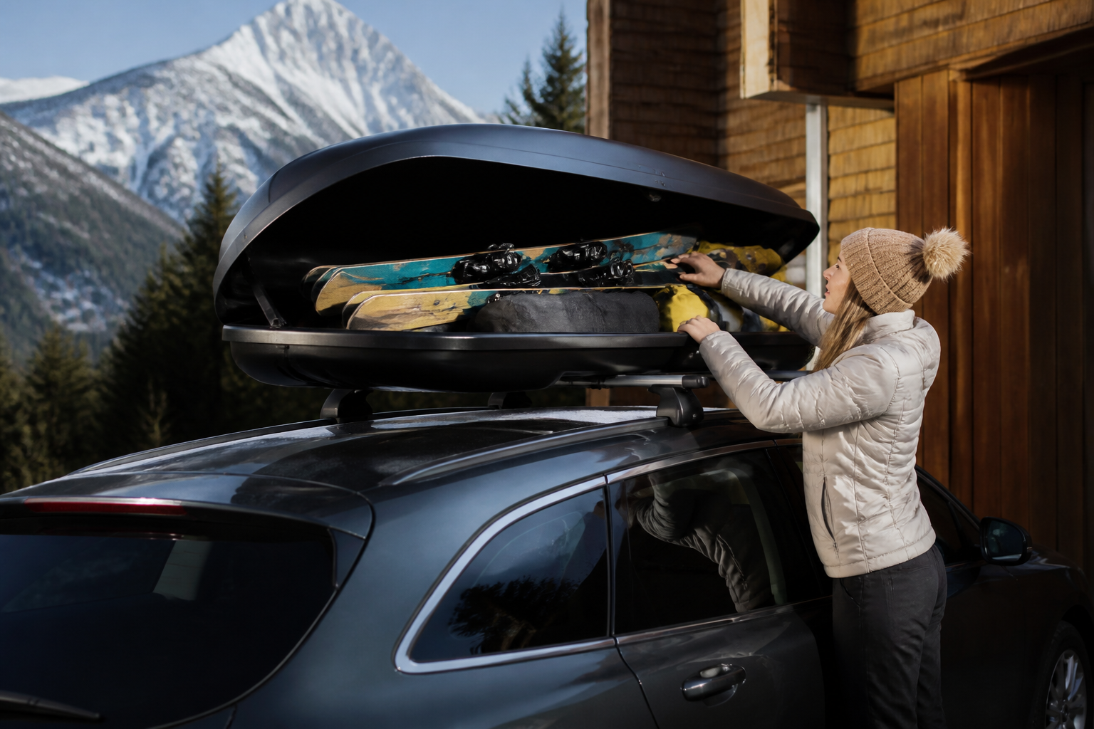 Coffre de toit chargé avec skis et bagages