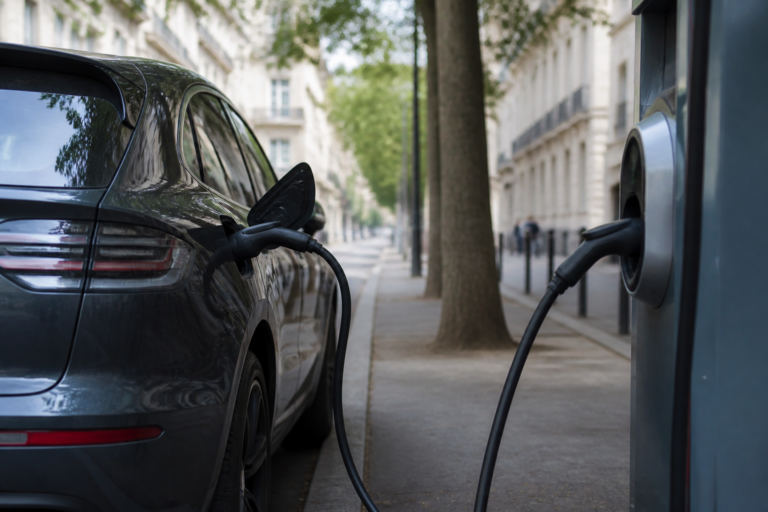 Voiture électrique branchée à une borne de recharge en ville
