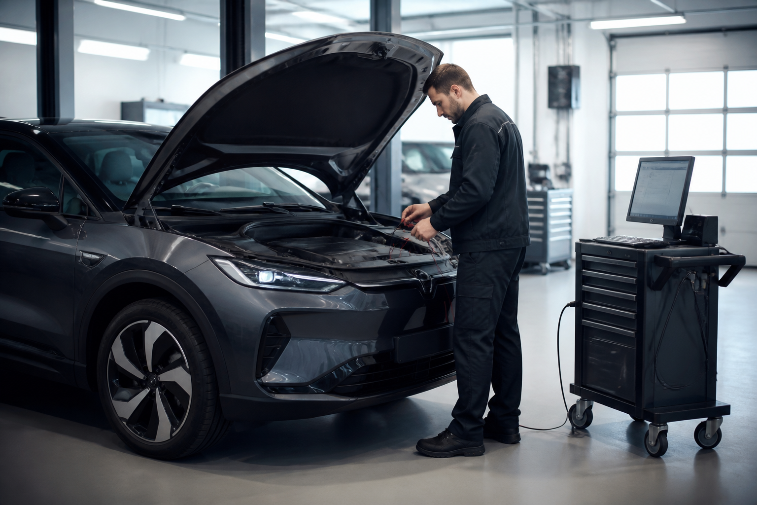 Technicien en atelier contrôle une voiture électrique