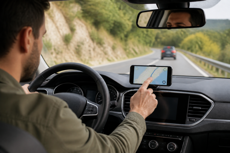 Conducteur utilisant un GPS gratuit sur smartphone fixé en voiture