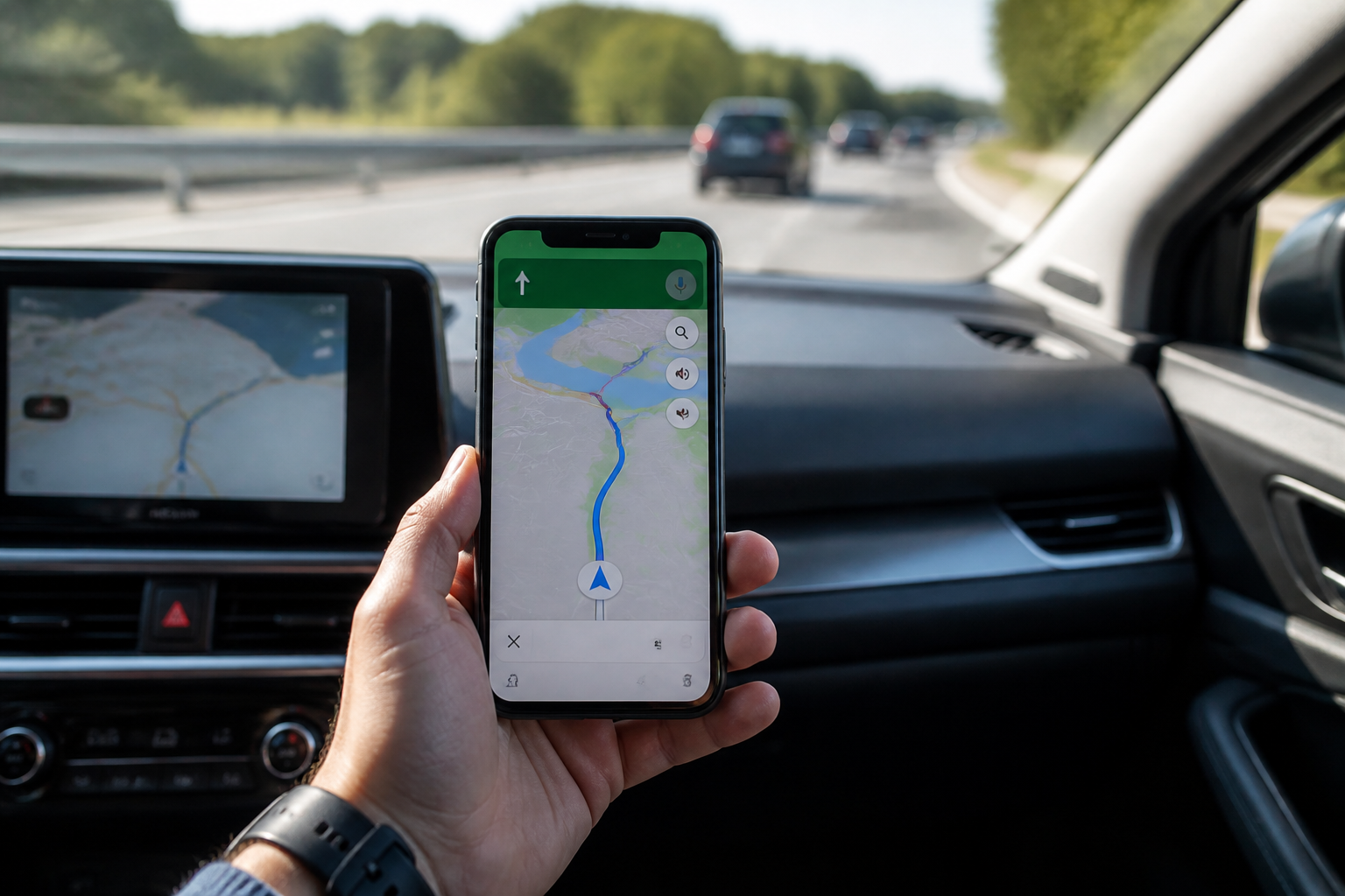 Écran smartphone avec navigation Google Maps en voiture