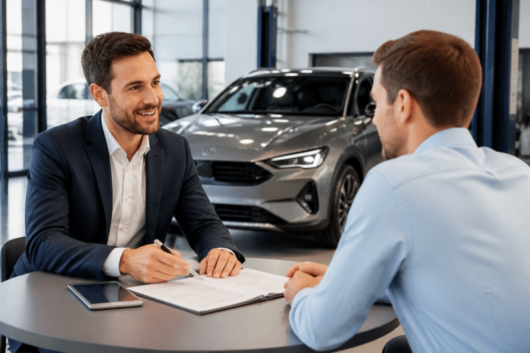 Conseiller automobile présentant un contrat de leasing à un client dans un atelier moderne
