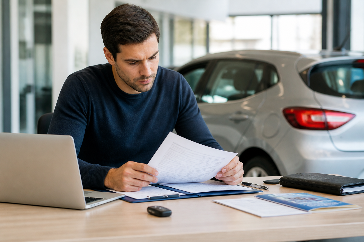Conducteur préparant un dossier de location automobile
