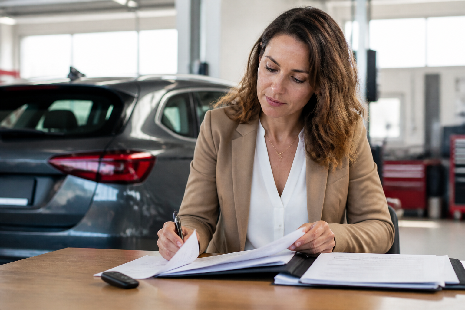 Conductrice préparant un dossier d'achat de voiture