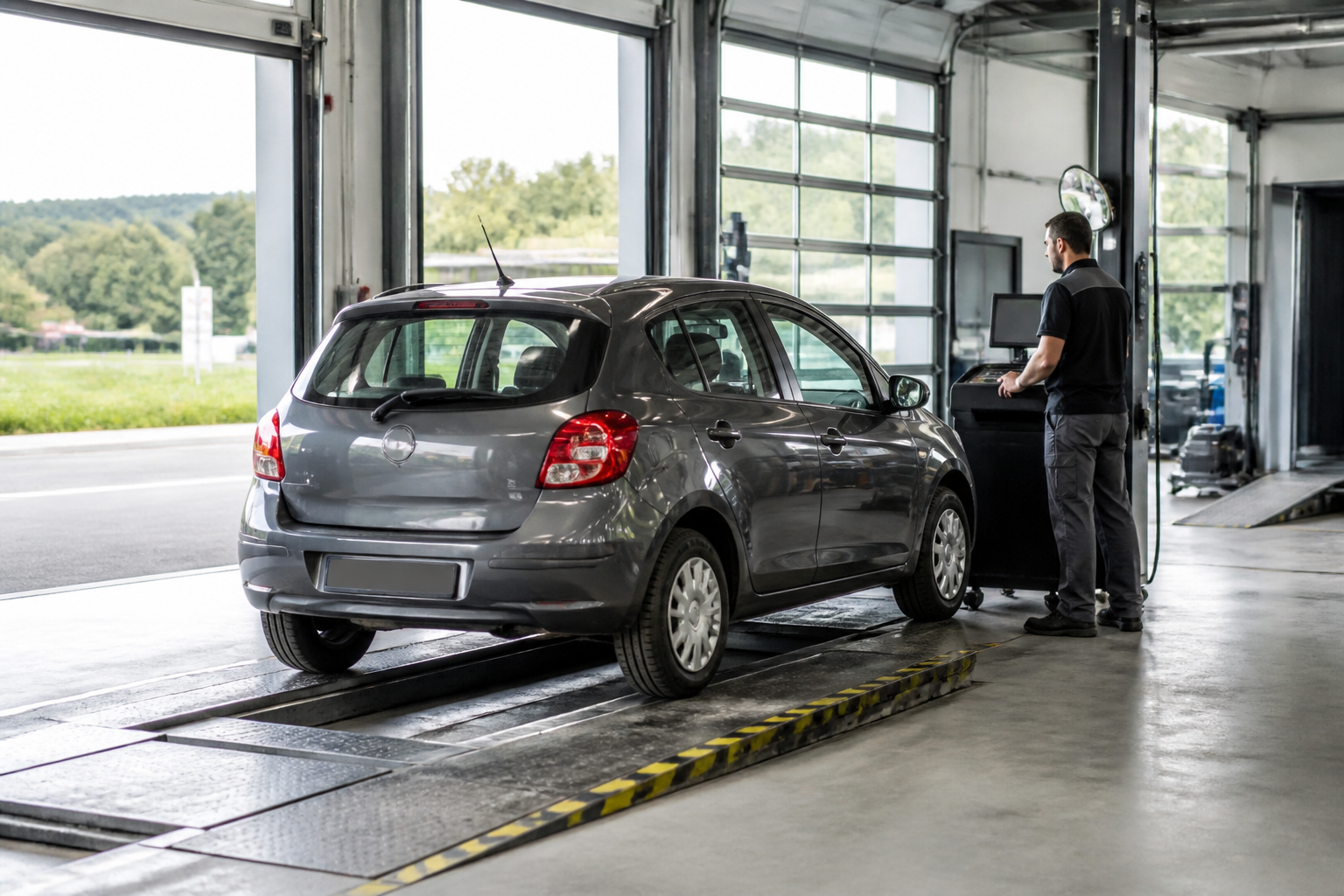 Inspection d'une voiture citadine en centre de contrôle technique