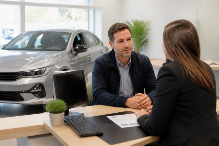 Client et conseiller Crédit Agricole discutant d'un contrat LOA automobile
